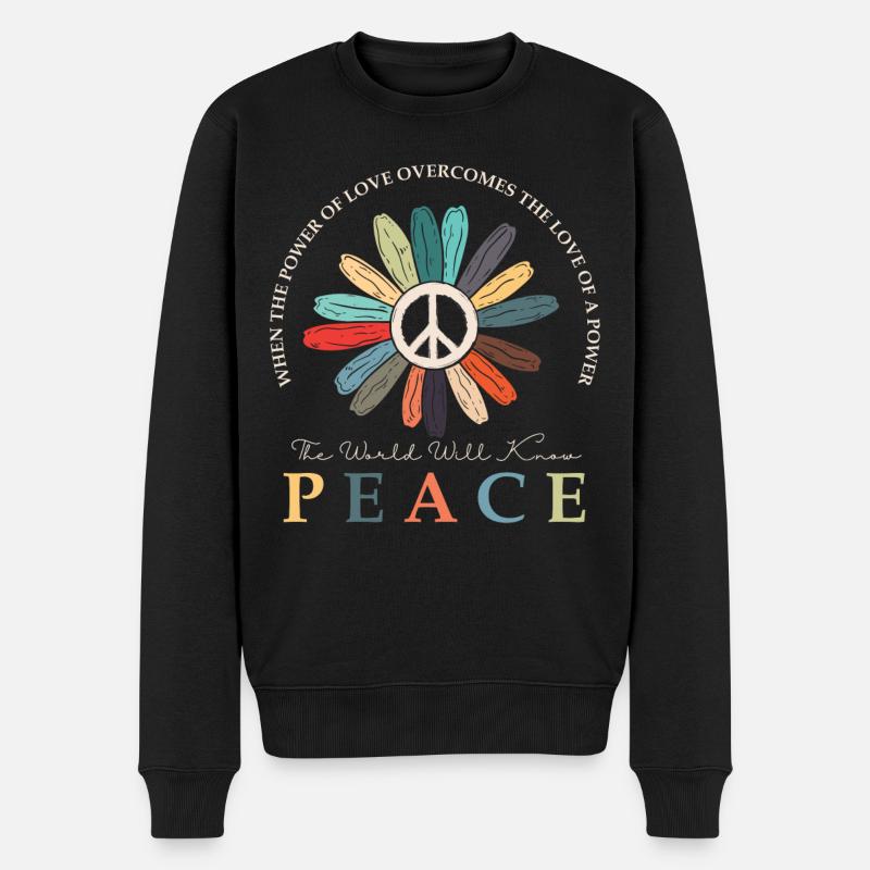 Hippie Flower Power Peace & Power - Männer Premium Bio Pullover - Schwarz