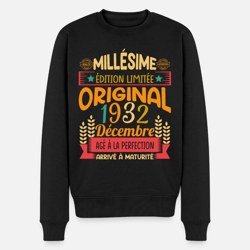 Millésime Né(e) Décembre 1932 Cadeau Anniversaire - Pull Premium bio Homme - noir