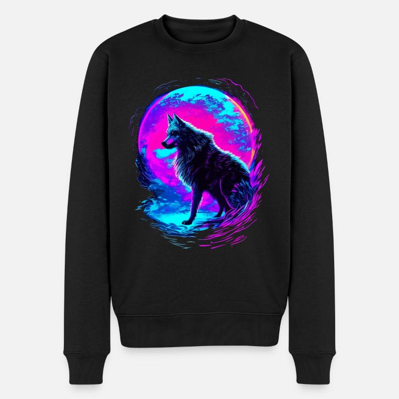 Wolf Neon Moon Synthwave - Männer Premium Bio Pullover - Schwarz