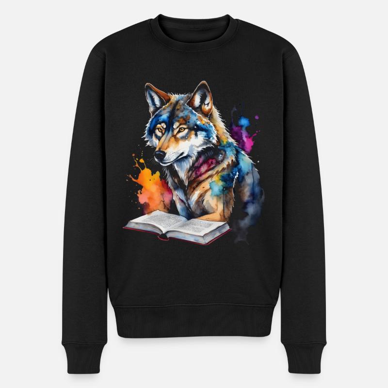 Wolf Lesen Buch Bunt Tier Design Print - Männer Premium Bio Pullover - Schwarz