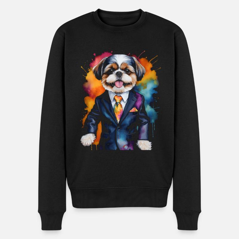 Shih Tzu Anzug Hund Bunt Lustig Tier Design Print - Männer Premium Bio Pullover - Schwarz