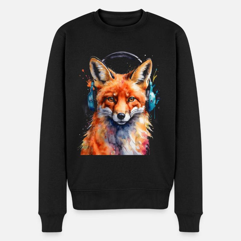 Fuchs Kopfhörer Musik Bunt Tier Design Print - Männer Premium Bio Pullover - Schwarz