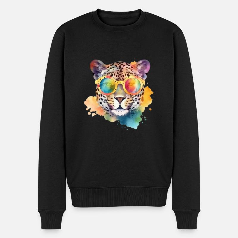 Bunter cooler Leopard mit Sonnenbrille - Männer Premium Bio Pullover - Schwarz