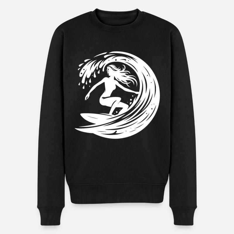 Surfeur sportif avec planche de surf dans un tunnel à vagues - Pull Premium bio Homme - noir