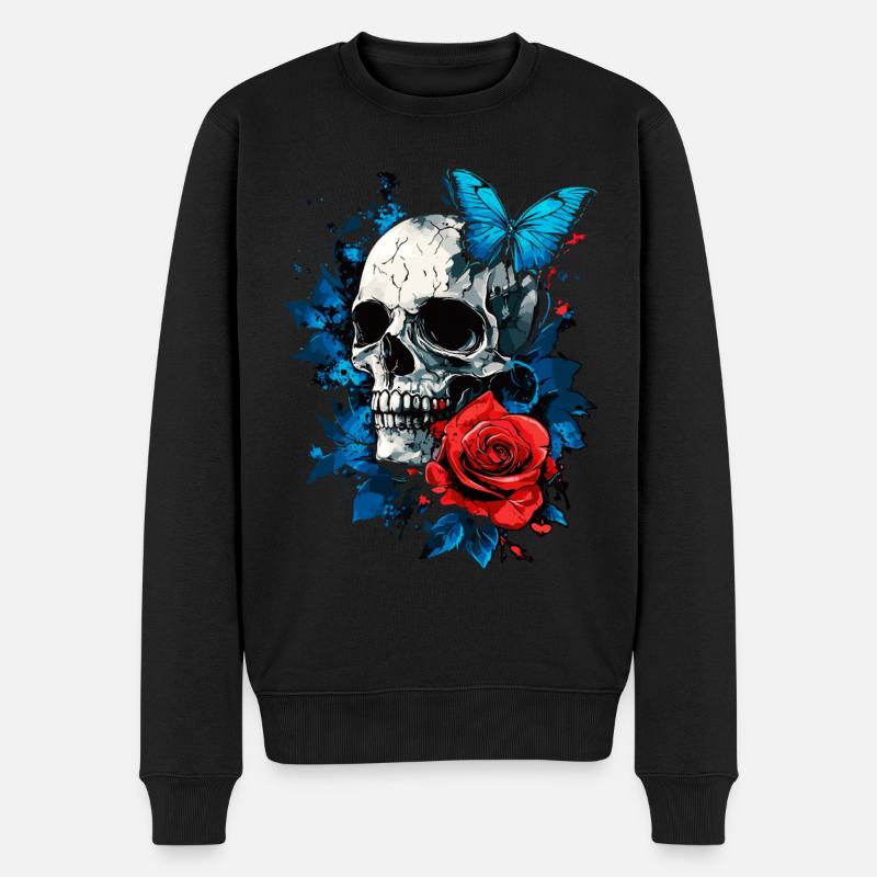 Totenkopf Totenschädel Schmetterling Rose Blume - Männer Premium Bio Pullover - Schwarz