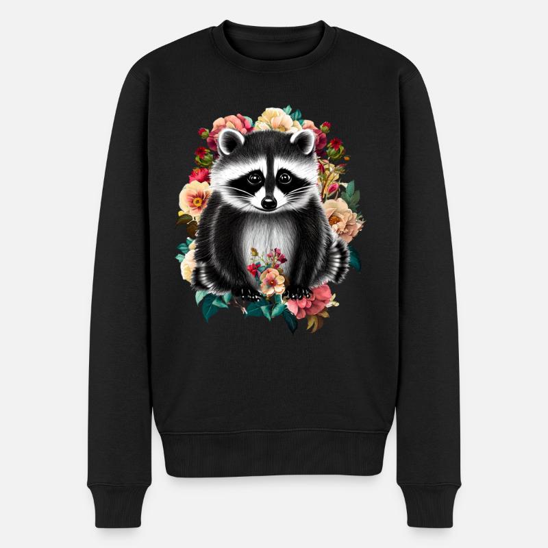 Waschbär Blumen - Männer Premium Bio Pullover - Schwarz