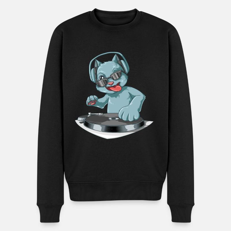 DJ Katze mit Kopfhörern an den Vinyl's - Männer Premium Bio Pullover - Schwarz