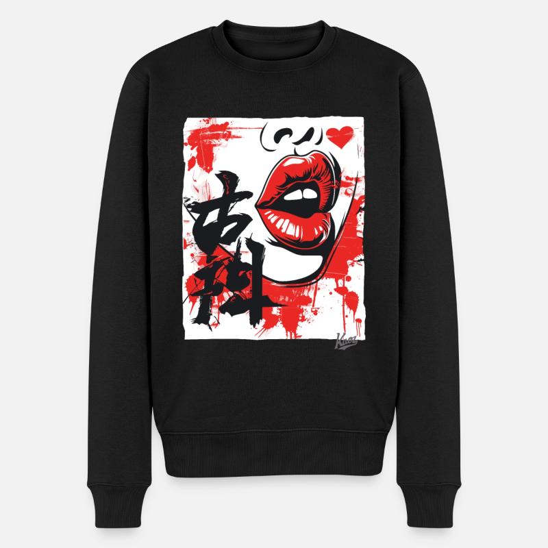 Japanische Herzen: Kuss-Mund und Lippen - Männer Premium Bio Pullover - Schwarz