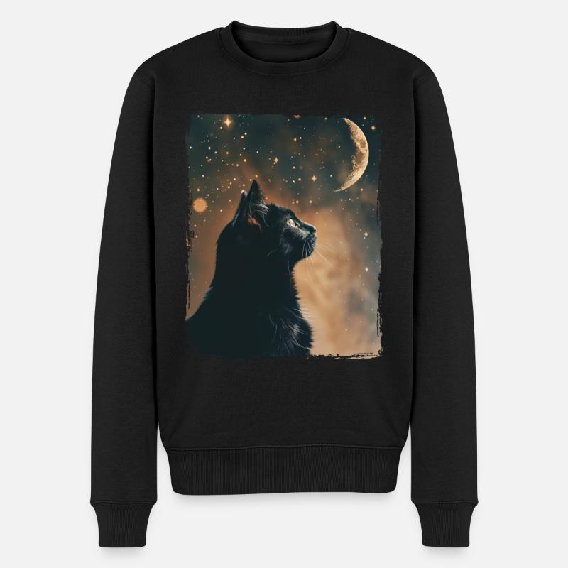 Schwarze Katze Tier Sterne Vollmond Nacht Sternenhimmel - Männer Premium Bio Pullover - Schwarz