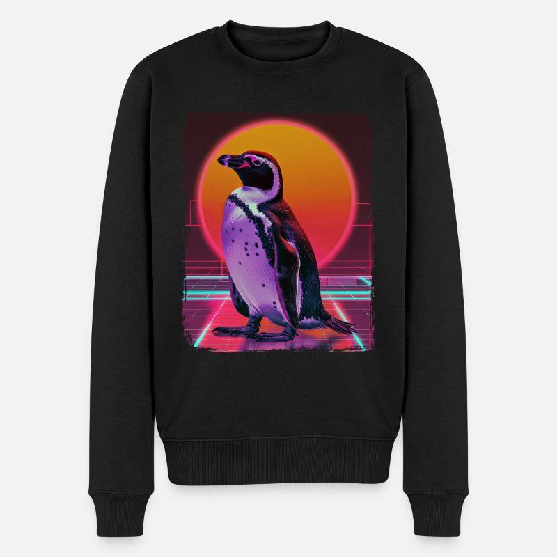 Retro 80er Jahre Rosa Neon Cool Pinguin Tier Sommer Sonne - Männer Premium Bio Pullover - Schwarz