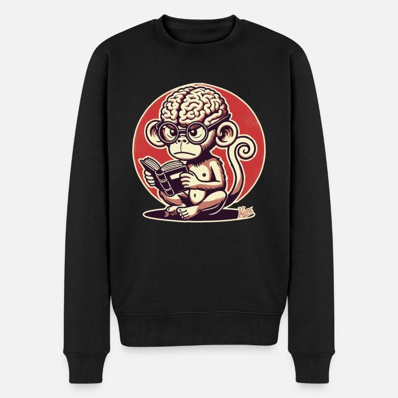 Nerd-Affe mit großem Geirn liest ein Buch - Männer Premium Bio Pullover - Schwarz