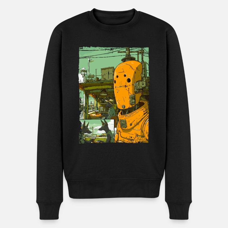 Cartoon einer Sci-Fi-Dystopie mit Roboter - Männer Premium Bio Pullover - Schwarz