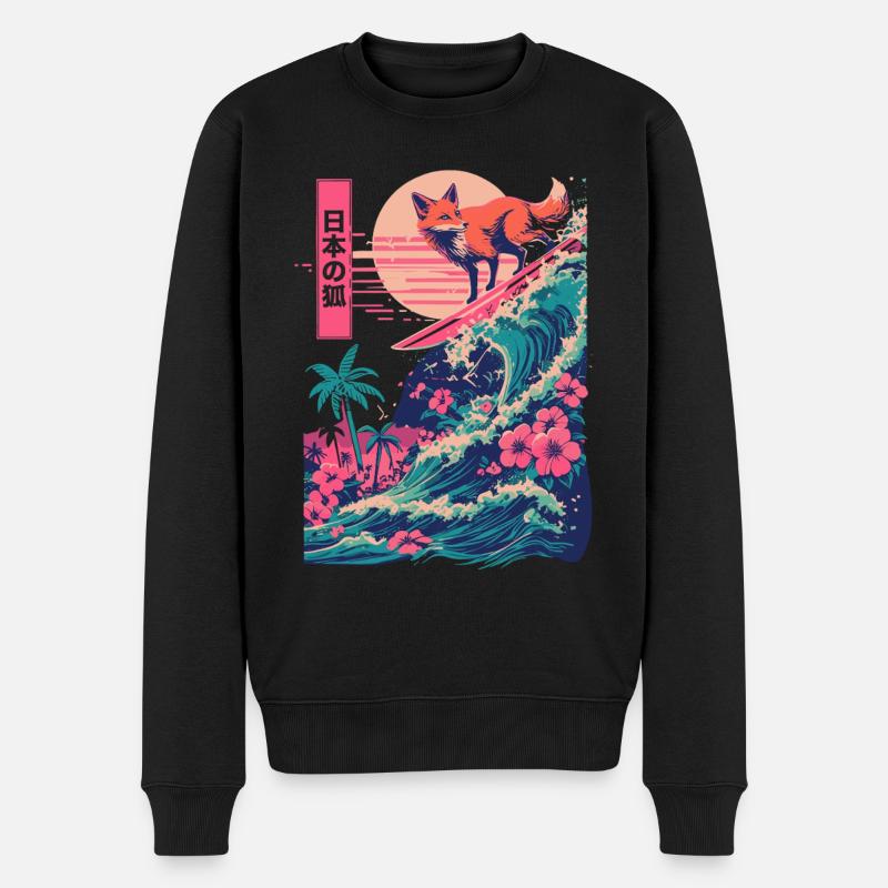 Fuchs Rotfuchs Tier Japanisch Surfen Strand Welle - Männer Premium Bio Pullover - Schwarz