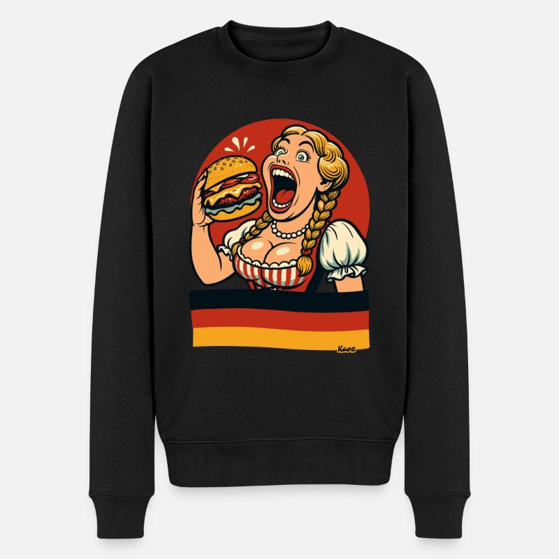 Dirndl-Frau isst Riesen-Burger - Männer Premium Bio Pullover - Schwarz