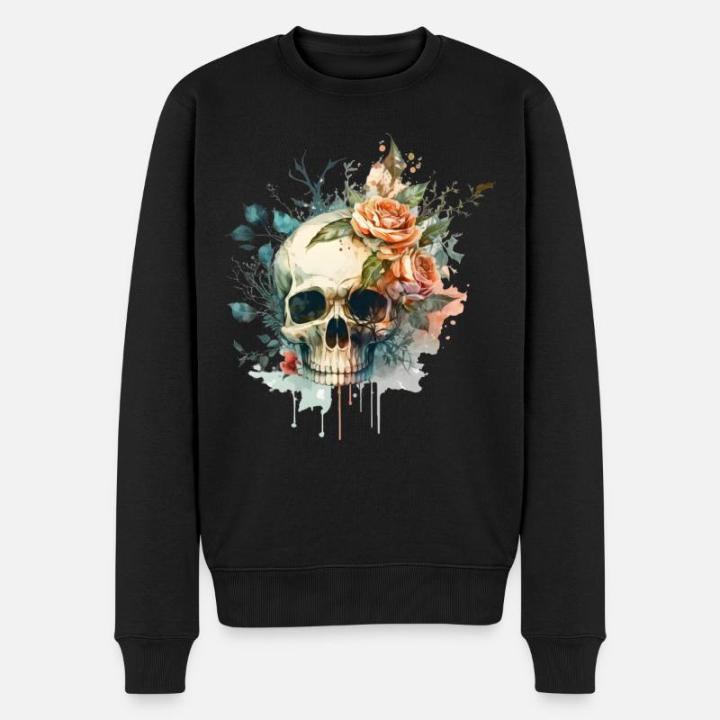 Totenkopf mit Blumen - Skull Dia De Los Muertos - Männer Premium Bio Pullover - Schwarz
