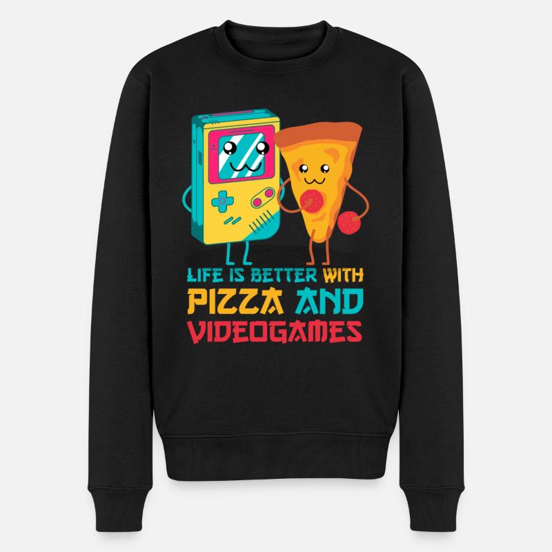 Pizza et jeux vidéo Kawaii - Pull Premium bio Homme - noir