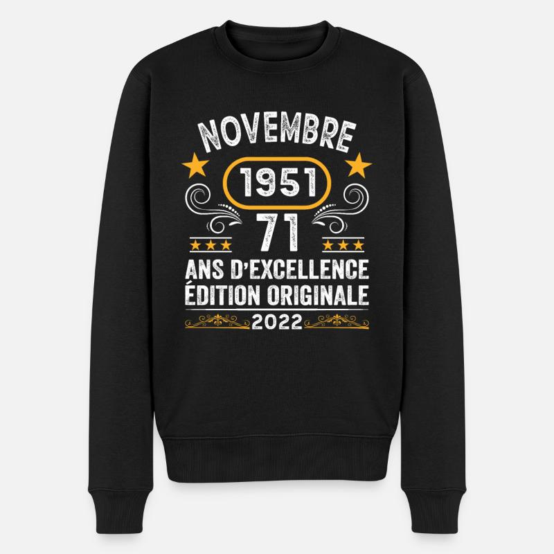 Novembre 1951 71 Ans Anniversaire Idée Cadeau - Pull Premium bio Homme - noir
