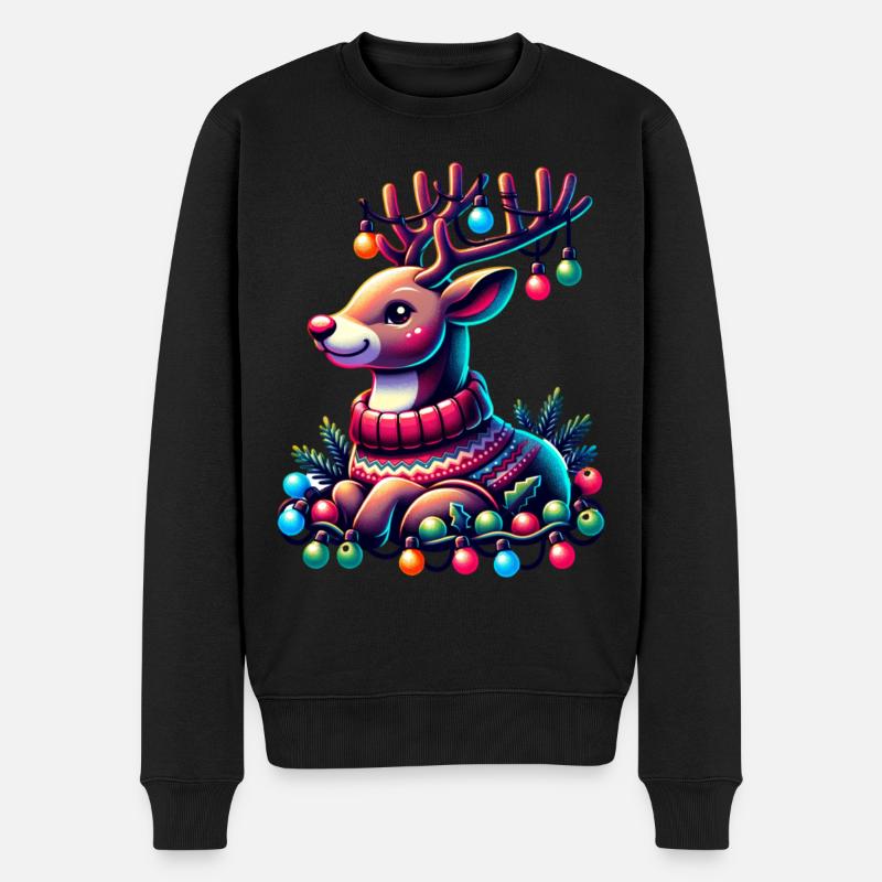 Rentier Weihnachts Lichterkette - Männer Premium Bio Pullover - Schwarz