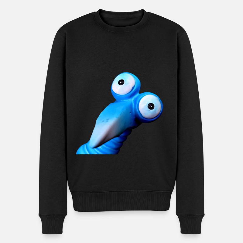 Lustiger blauer Vogel mit großen Augen - Männer Premium Bio Pullover - Schwarz