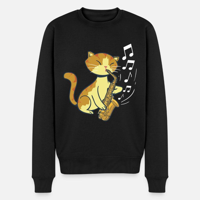 Süße Katze spielt Saxofon Saxophone Saxofonist - Männer Premium Bio Pullover - Schwarz