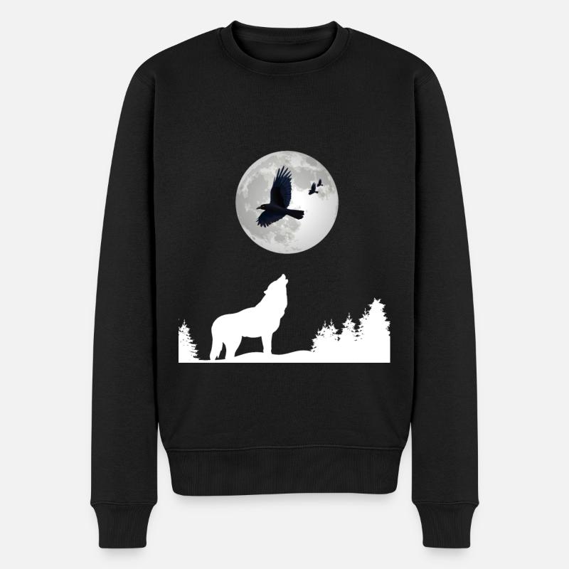 Wolf heult Mond und Raben an Wolf Raben Wald - Männer Premium Bio Pullover - Schwarz