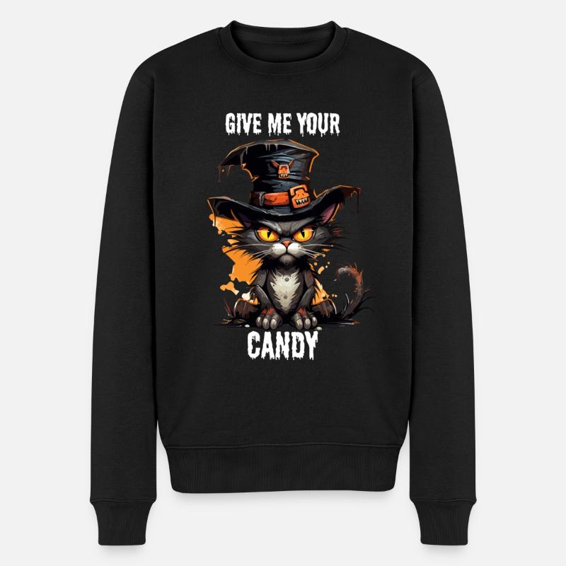Chat noir avec chapeau de sorcière veut des bonbons d’Halloween - Pull Premium bio Homme - noir