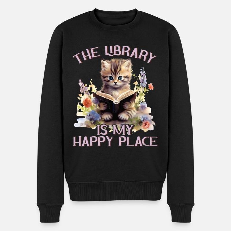Die Bibliothek Ist Mein Glücklicher Ort Katze - Männer Premium Bio Pullover - Schwarz
