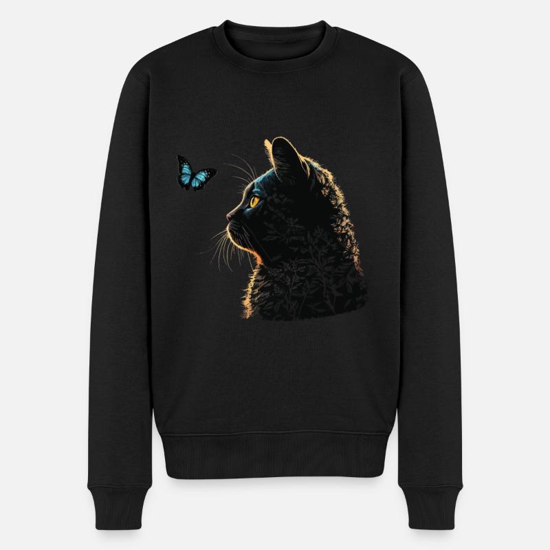 Katze und Blauer Schmetterling - Männer Premium Bio Pullover - Schwarz