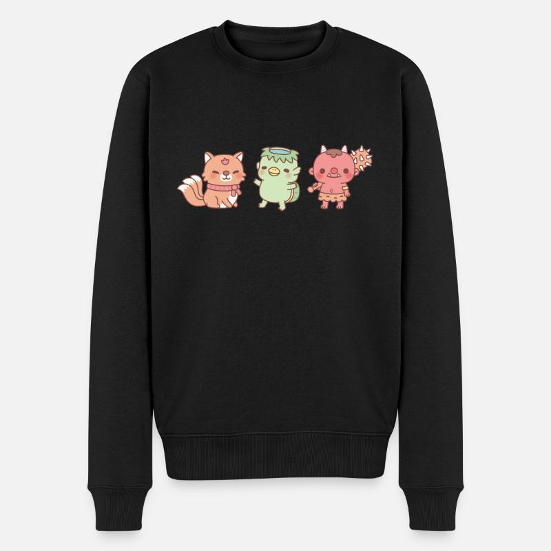 Trio japonais mignon de yokai Kitsune Kappa et Oni - Pull Premium bio Homme - noir