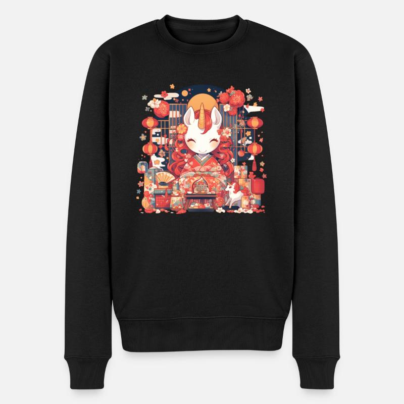 Einhorn Kawaii Japanisch - Männer Premium Bio Pullover - Schwarz