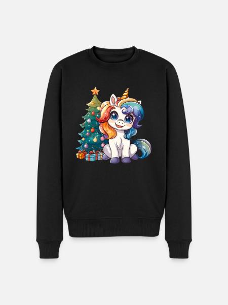 Einhorn Weihnachtsbaum Kawaii - Männer Premium Bio Pullover - Schwarz
