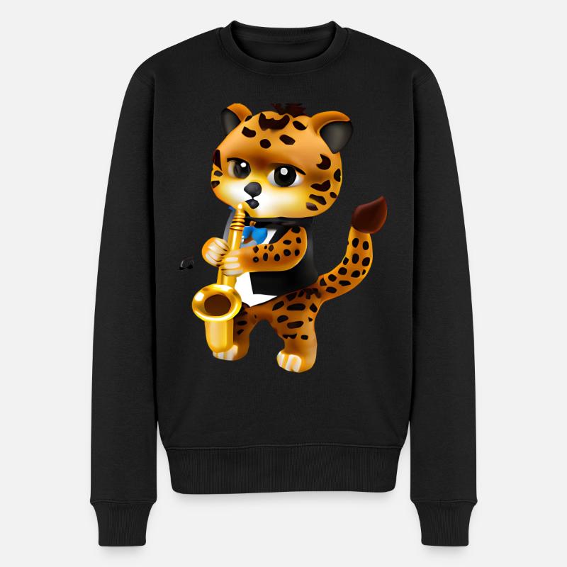 Leopard mit Saxophon - Männer Premium Bio Pullover - Schwarz
