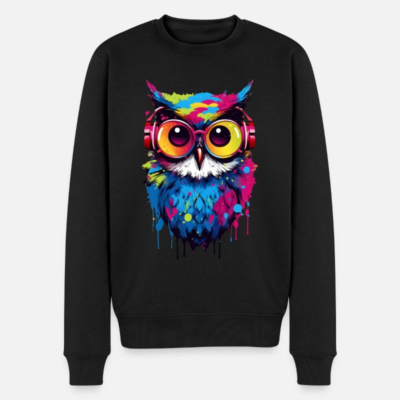 Bunte Eule mit Kopfhörer - Männer Premium Bio Pullover - Schwarz