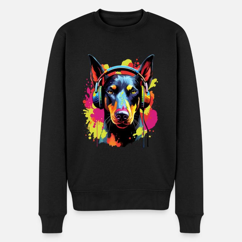 Bunter Dobermann mit Kopfhörer - Männer Premium Bio Pullover - Schwarz