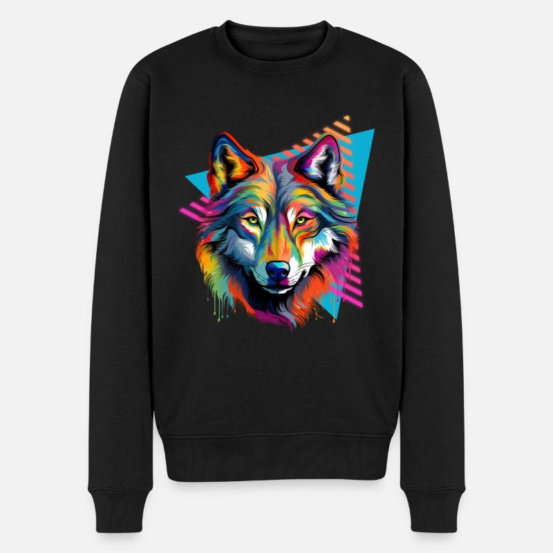 Bunter Wolf Farbspritzer Farbkleckse - Männer Premium Bio Pullover - Schwarz