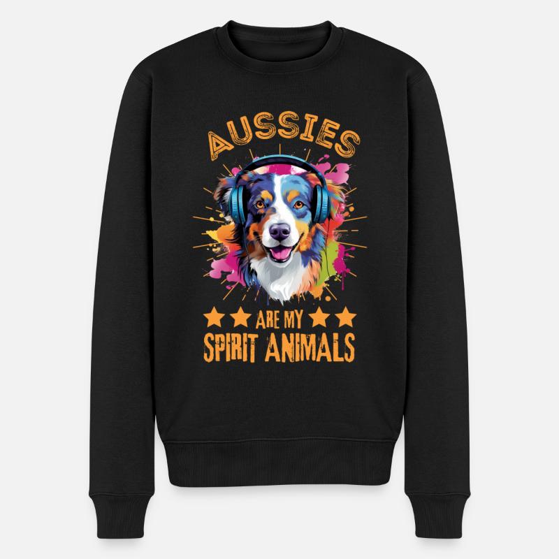 Bunter Australischer Schäferhund mit Kopfhörer - Männer Premium Bio Pullover - Schwarz