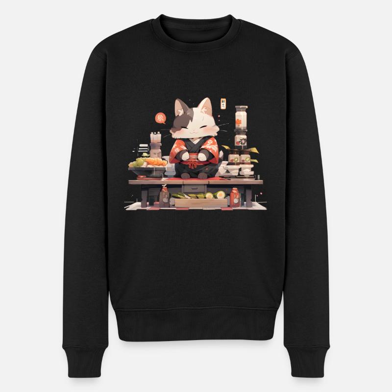 Chat samouraï mange des sushis - Pull Premium bio Homme - noir