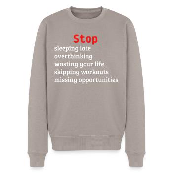 Stop - Men's Premium Organic Jumper - taupe - Front - Nico (187cm)