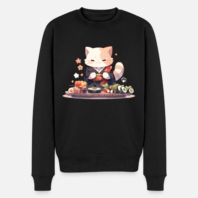 Samurai Cat eat Sushi - Männer Premium Bio Pullover - Schwarz