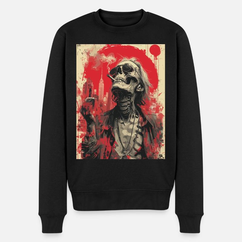 Smoking Skull, Totenkopf mit Zigarette - Männer Premium Bio Pullover - Schwarz