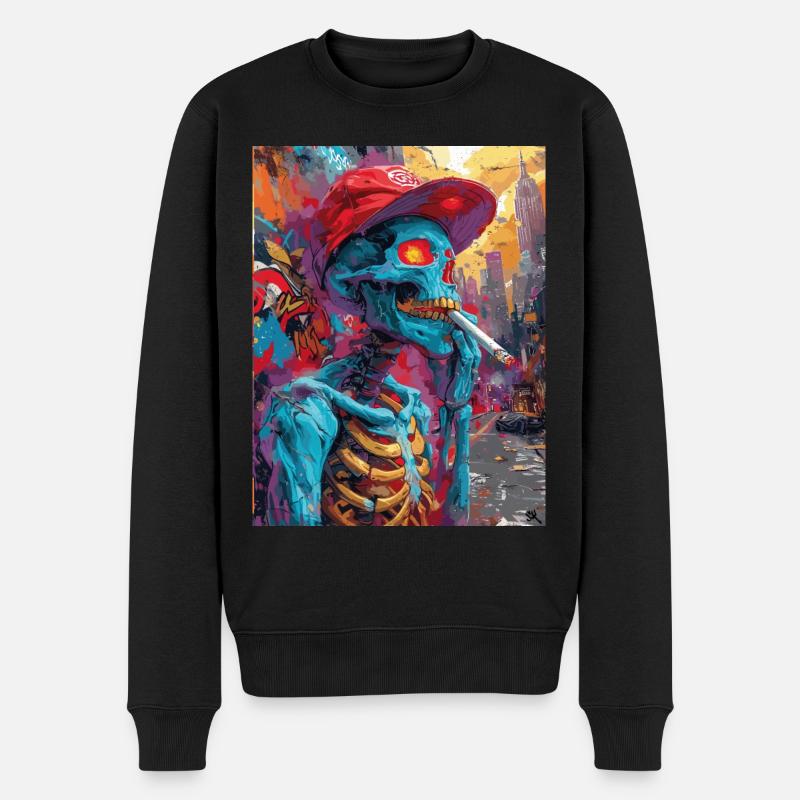 Smoking Skull, Totenkopf mit Zigarette - Männer Premium Bio Pullover - Schwarz