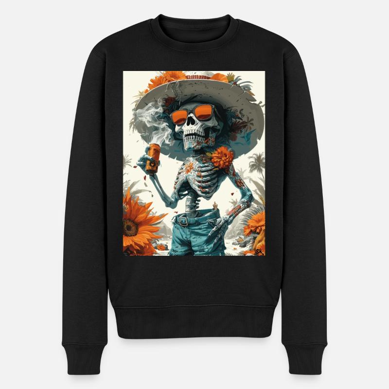 Smoking Skull, Totenkopf mit Zigarette - Männer Premium Bio Pullover - Schwarz