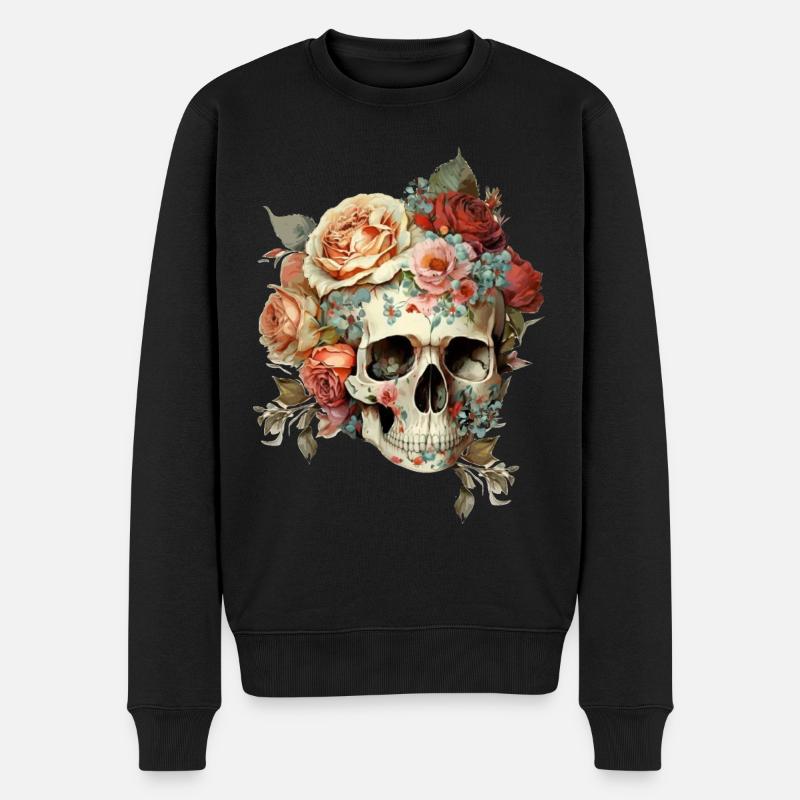 Crâne avec des fleurs - Pull Premium bio Homme - noir