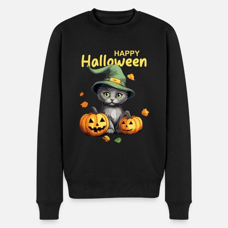 Kleine Katze mit grünem Hexenhut feiert Halloween - Männer Premium Bio Pullover - Schwarz