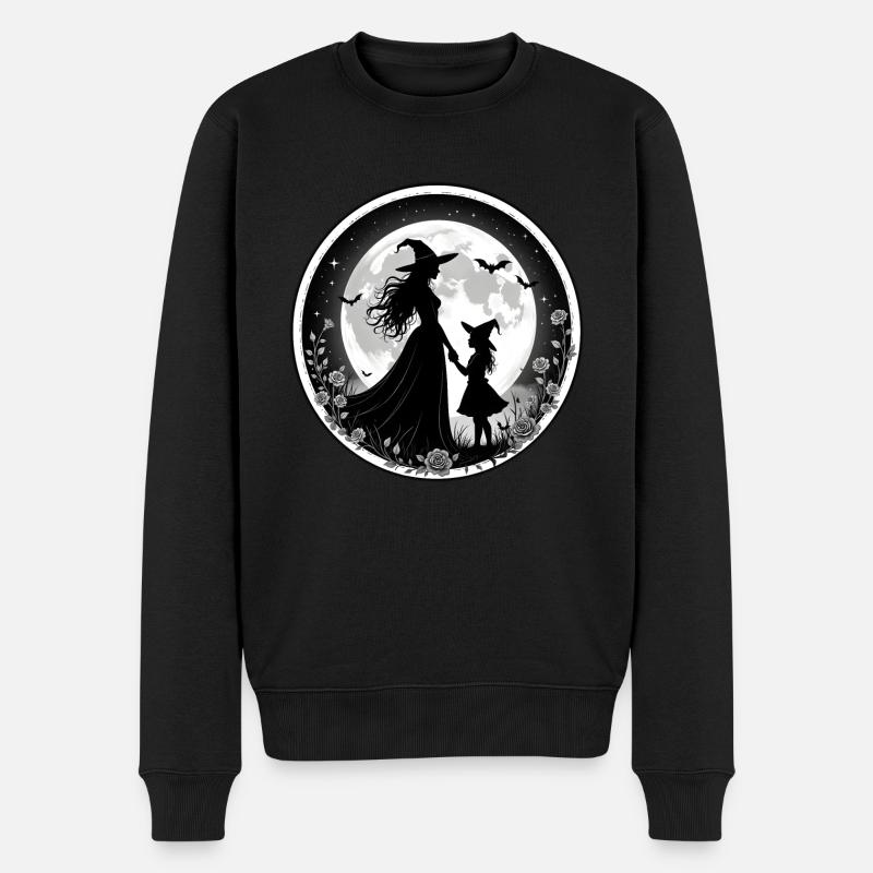 Hexe mit junger Hexe und Fledermäusen vorm Mond - Männer Premium Bio Pullover - Schwarz