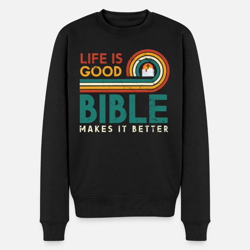Das Leben Ist Gut, Bibel Macht Es Besser - Männer Premium Bio Pullover - Schwarz