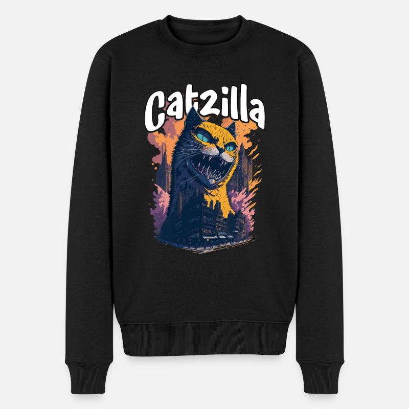 Catzilla Unleashed Funny Cartoon-Style Feline - Männer Premium Bio Pullover - Schwarz