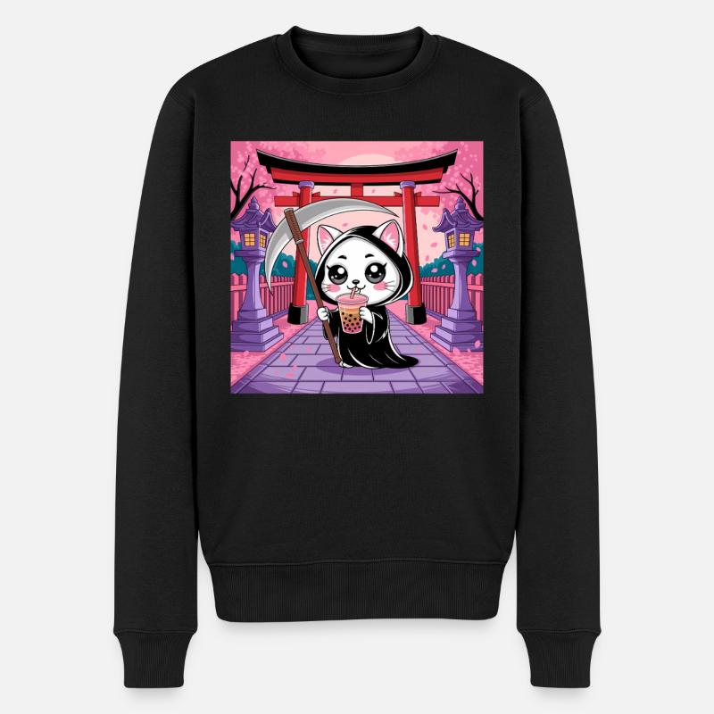 Sensenmann Anime Katze Kirschblüte - Männer Premium Bio Pullover - Schwarz