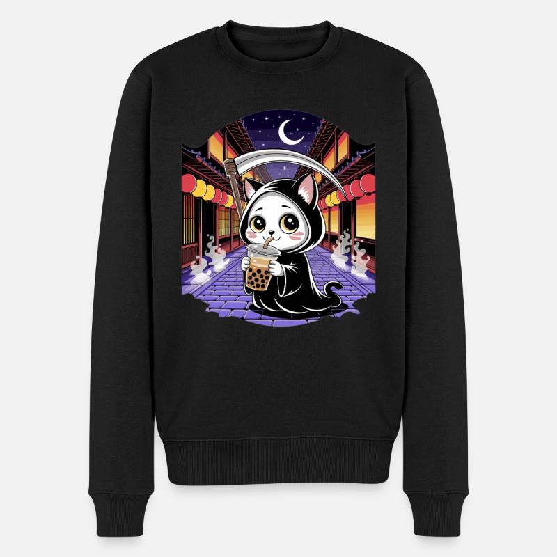 Sensenmann Anime Katze Kirschblüte - Männer Premium Bio Pullover - Schwarz