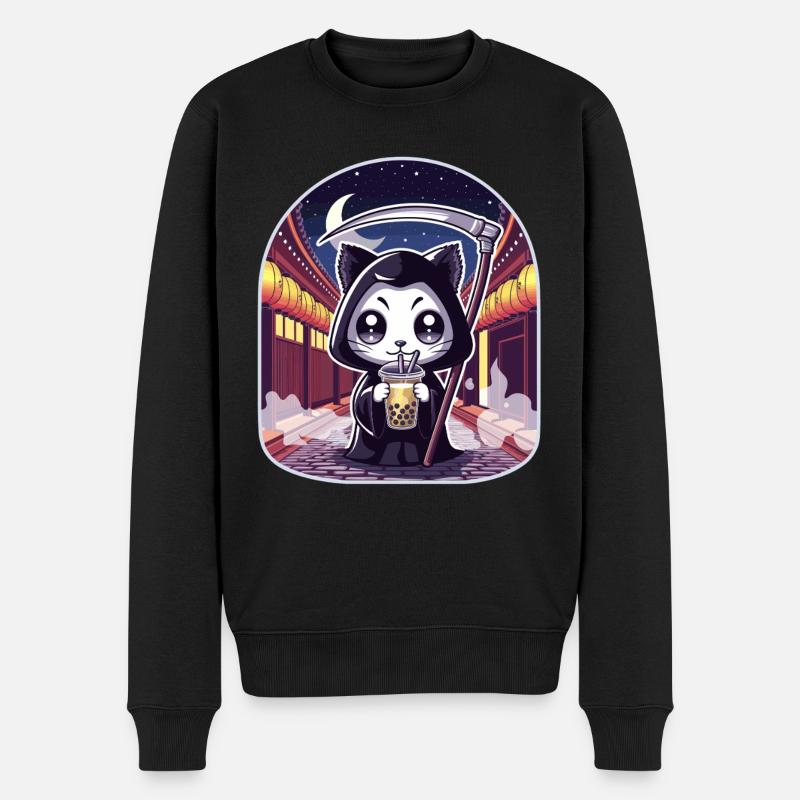 Sensenmann Anime Katze Kirschblüte - Männer Premium Bio Pullover - Schwarz